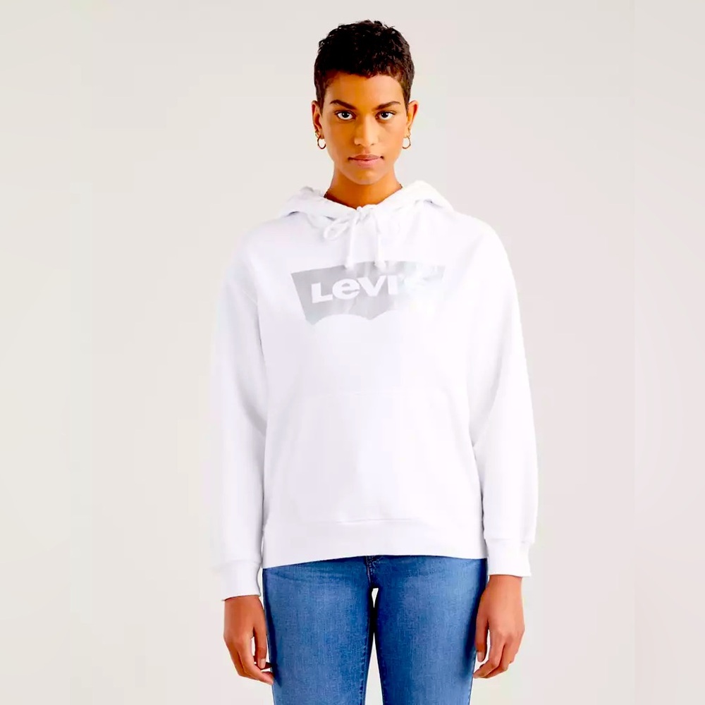 LEVIS - Graphic Standard Hoodie Sweatershirt, Women Small. 60% Cotton White/Grey